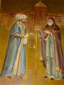 Ο Σουλτάνος Μωάμεθ παραδίδει το φιρμάνι με τα προνόμια των χριστιανών στον Πατριάρχη Γεννάδιο Σχολάριο, μετά την Αλωση
